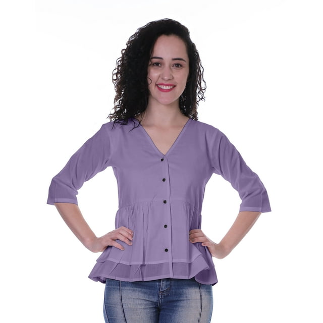 Moomaya Blouse Ethnique en Coton Peplum Col en V pour Femmes