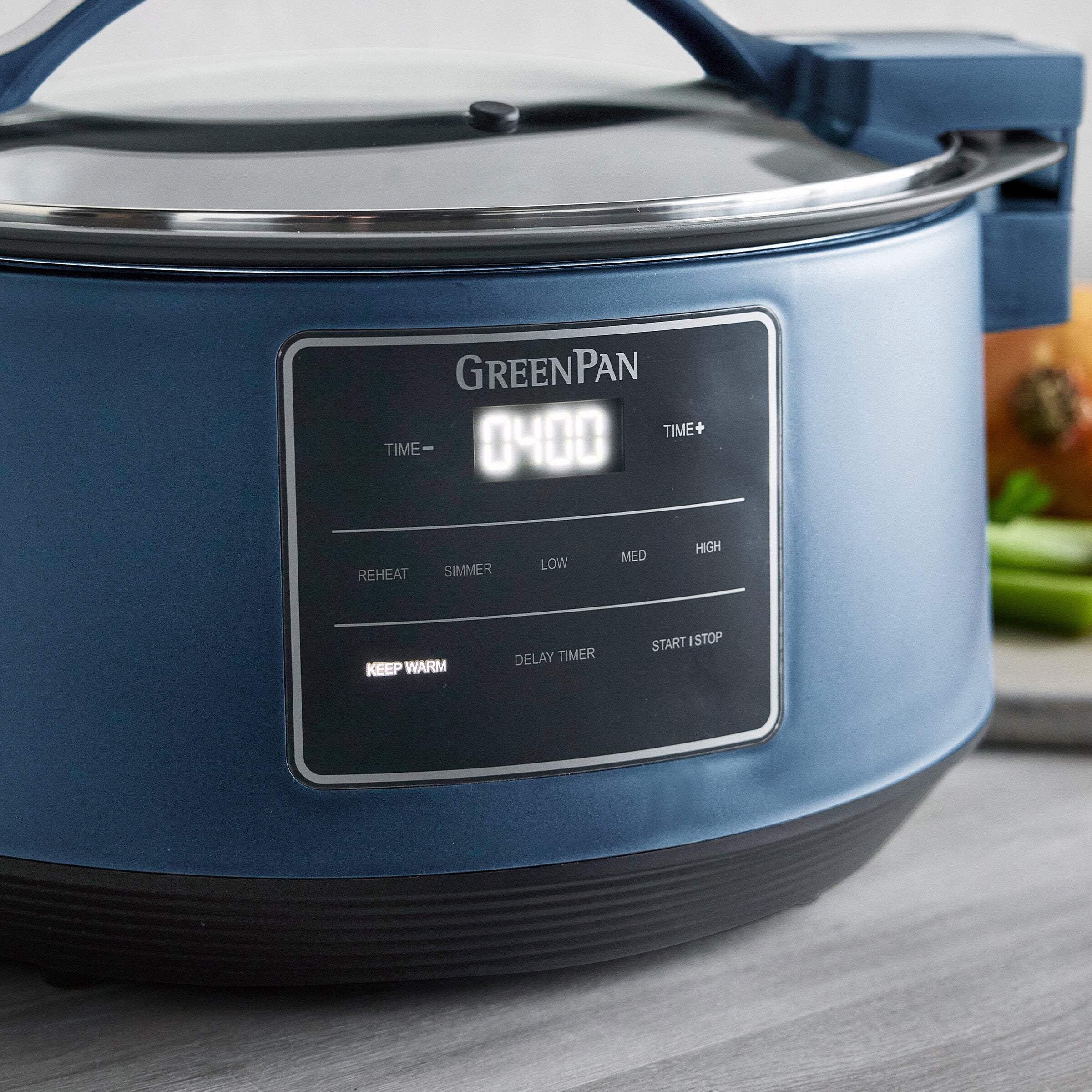 GreenPan 8 Quart Family Size Locking Lid Slow Cooker, Oxford Blue