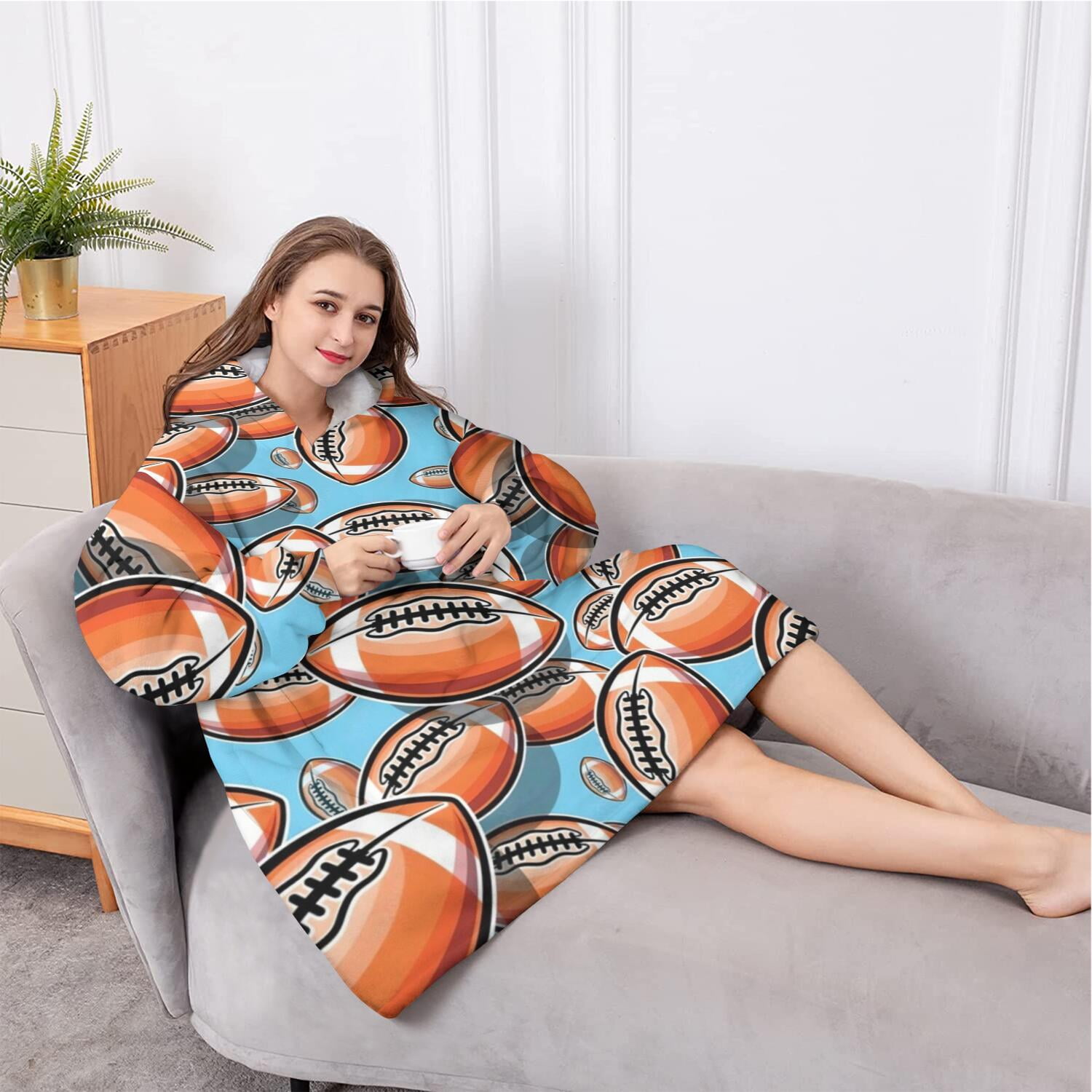 Oversized Wearable Blanket Hoodie,Football Sticker Pattern Sherpa Blanket Hoodie with Super Pockets,Super Warm Fuzzy Pullover for Women & Men