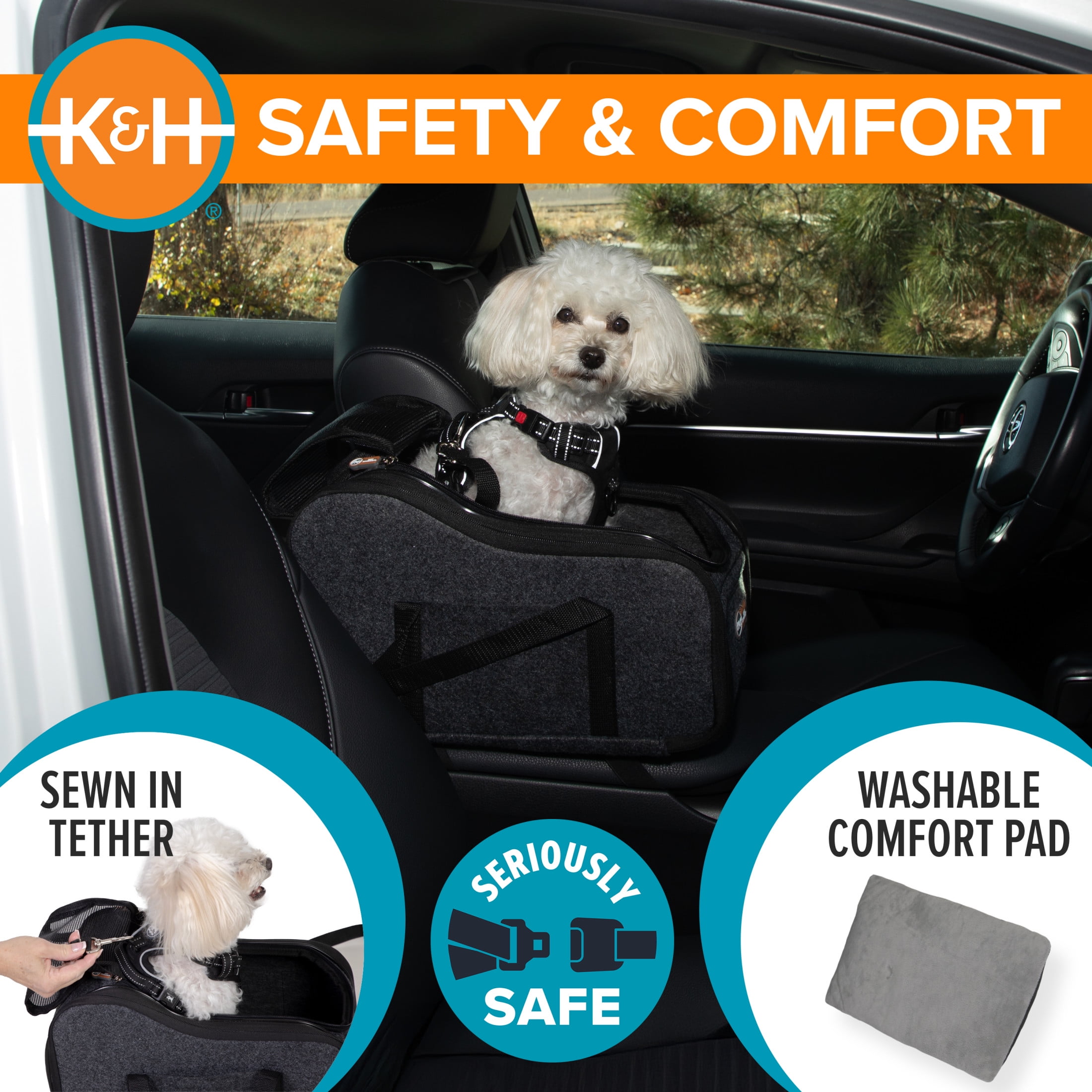 K&H Pet Products Portable Pet Console Booster Dog Car Seat Charcoal 15 X 10 X 9.5 Inches