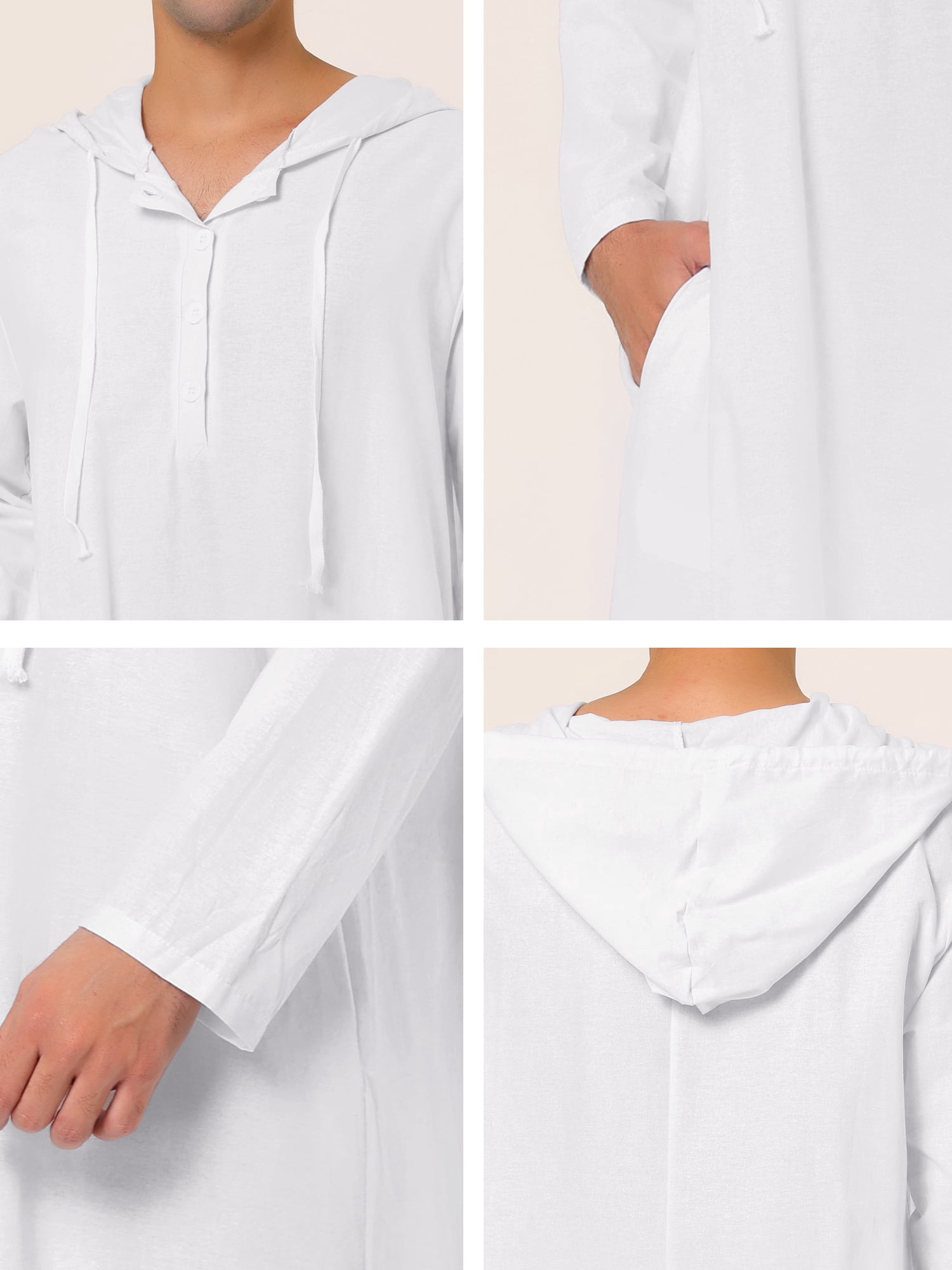 Unique Bargains Men's Nightshirt Long Sleeves Hooded Loungewear Nightgown Pajamas M White