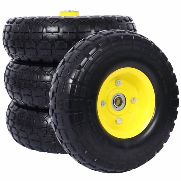 Rueda y neumático de espuma de PU libre para uso pesado - 4.10/3.50-4", diámetro de 10", agujero de perforación de eje de 5/8"