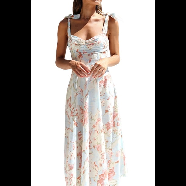 Vestido Informal Plisado con Cuello en V y Estampado para Mujer, Sin Mangas, Elegante, de Verano, Tipo Túnica, Maxivestido Lencero Albaricoque L