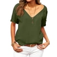 thumbnail image 2 of Women’s Deep V Neck Short Sleeve Loose Fit Casual Top Soft Lightweight Relaxed Fit Tee for Daily Wear Office Travel School Army Green L, 2 of 5