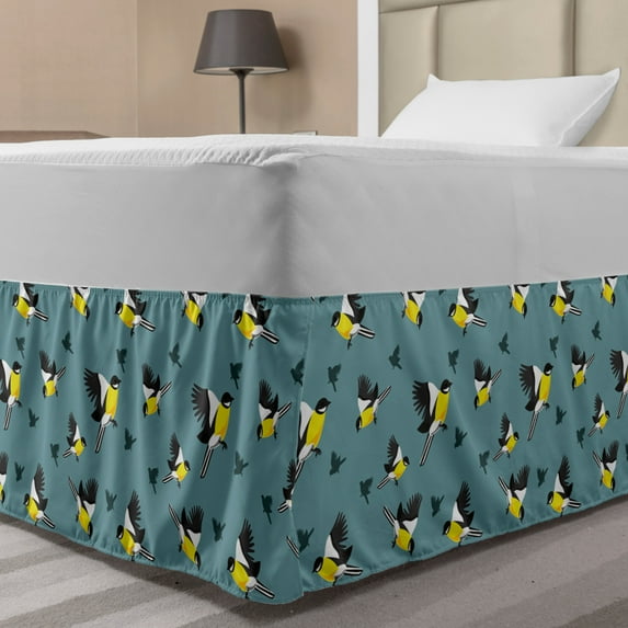 Bird Bed Skirt, New Zealand Tomtits Exotic Animal Pattern Australian Fauna, Elastic Bedskirt Dust Ruffle Wrap Around for Bedding Decor, 4 Sizes, Teal Charcoal Grey, by Ambesonne