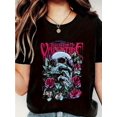thumbnail image 1 of Halloween T-Shirt - Women's Casual Short Sleeve Round Neck T-Shirt - Edgy Skull & Roses Graphic Print, Black with Pink & Teal Accents, Machine Washable Spring Summer Fashion Top, Durable Casu, 1 of 6