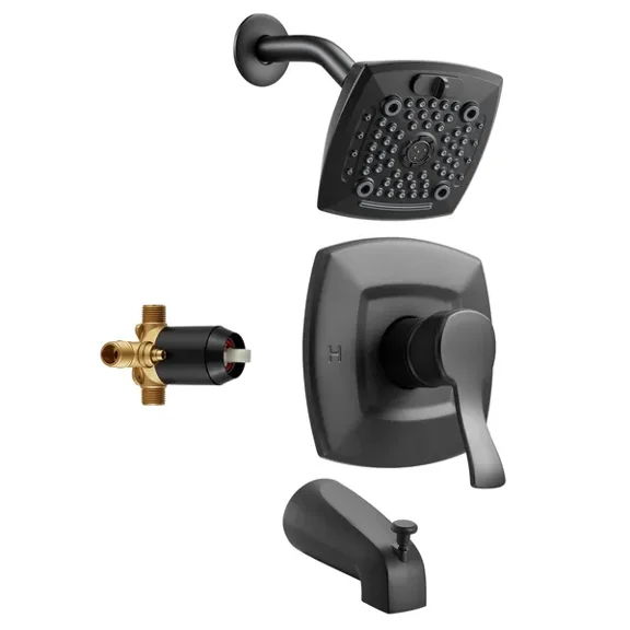 Matte Black Single Handle Tub Shower Faucet Set with 5.1 Inch Rainfall Shower Head Bathtub Spout 5 Setting Adjustable Spray Brass Pressure Balancing Valve
