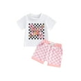 thumbnail image 3 of Baby Girls Shorts Set, Short Sleeve Letters Print T-shirt with Plaid Shorts Summer 2-piece Outfit, 3 of 10