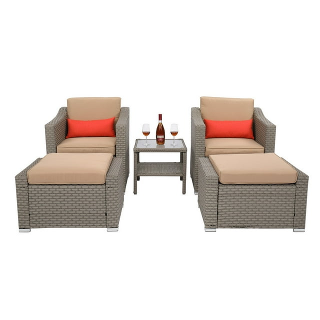 5 Pieces Outdoor Rattan Conversation Sets, Accent Chair with Ottoman and Table Set, Patio Furniture Set with Arm Lounge Chair and Ottomans for Living Room, Garden, Balcony, Backyard, K3435