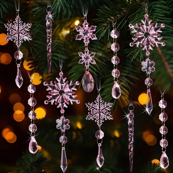 18pcs Crystal Christmas Ornaments for Christmas Tree Decorations-Light Pink Hanging Acrylic Snowflake and Icicle Ornaments with Drop Pendants for New Year Party Decorations Supplies