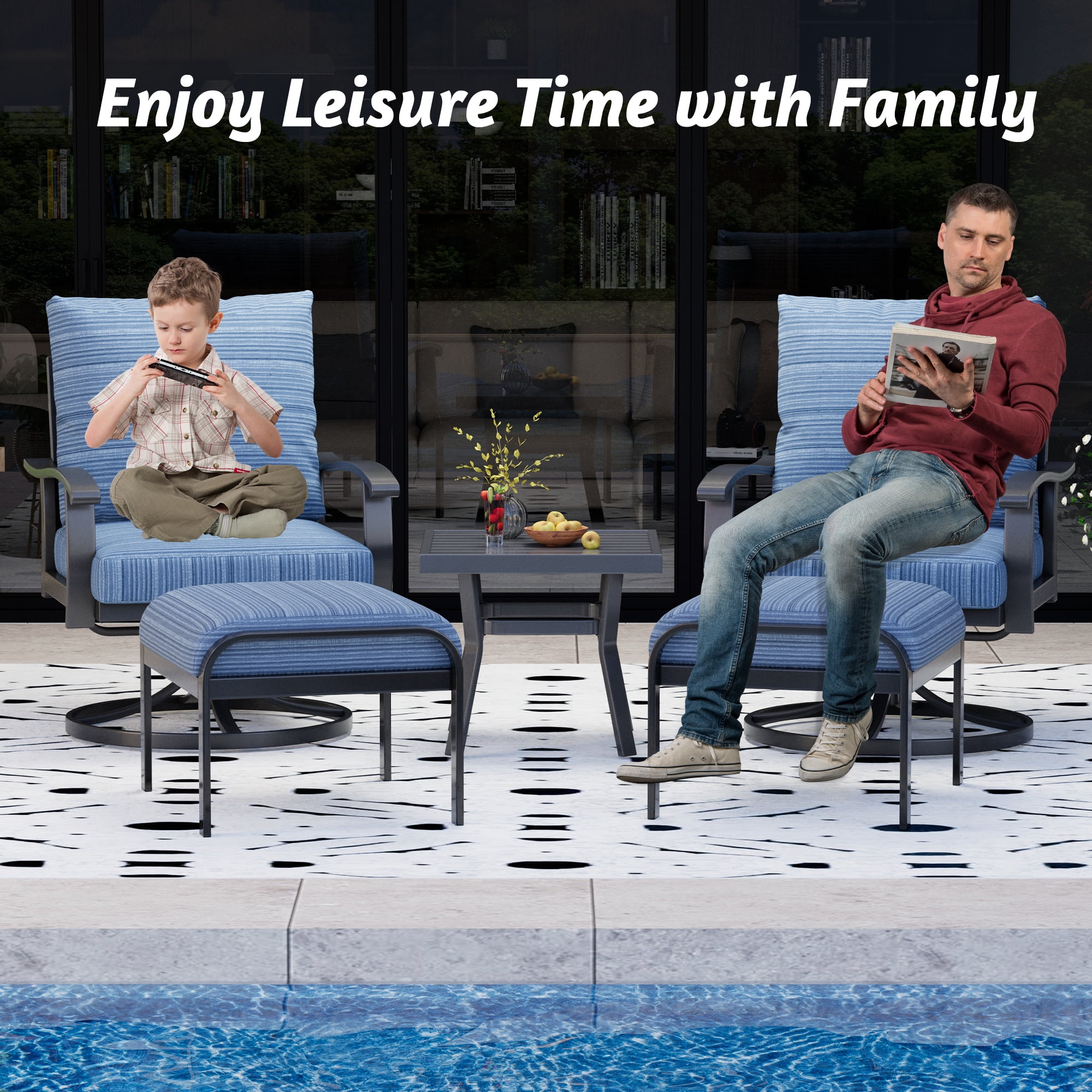 HOMREST Outdoor Swivel Rocker Patio Chairs with Ottomans and Coffee Table 5 PCS Bistro Set, 360 Degree Swivel Rocking Chair Patio Conversation Set with Thickened Cushion for Garden, Deck and Poolside