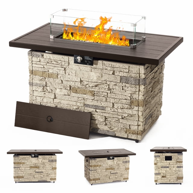 Table de Foyer au Propane de 43 Po pour l'Extérieur, Table de Foyer en Pierre Rectangulaire de 50 000 BTU, Tables de Foyer au Propane pour Patio, Buff