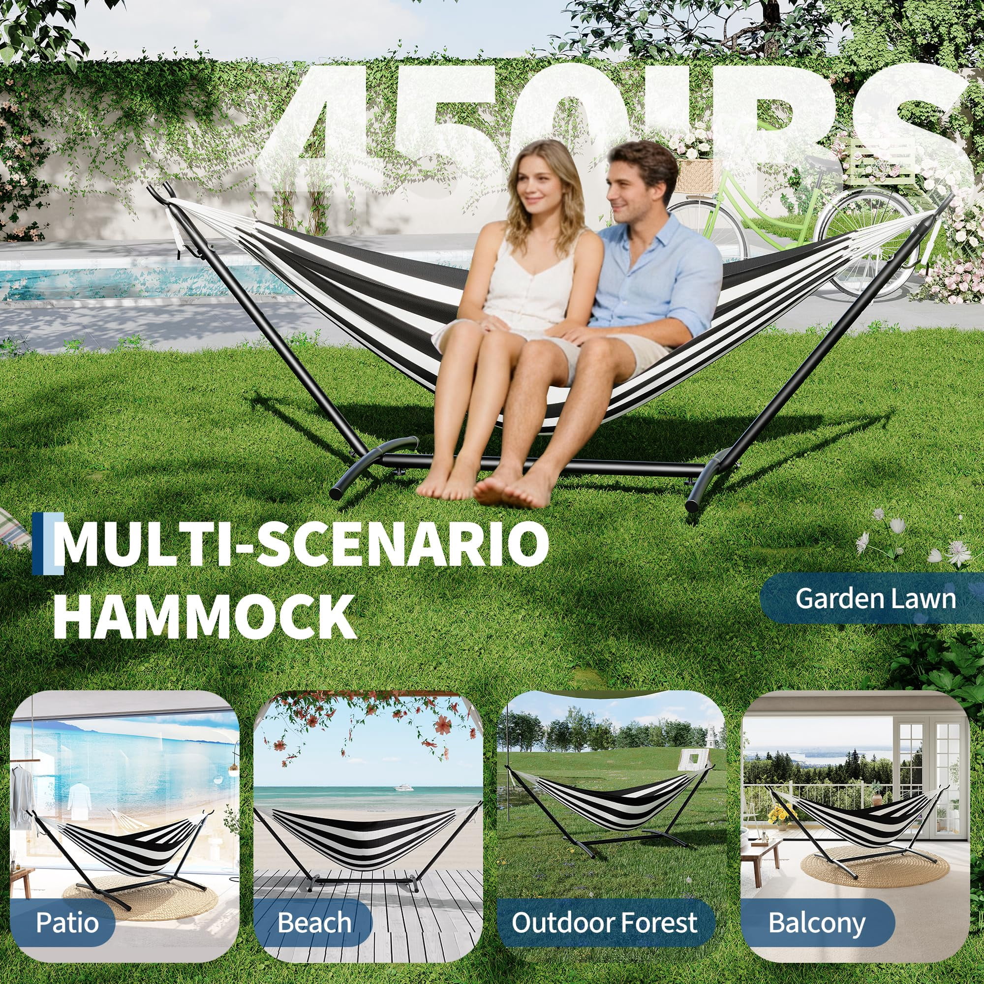 Double Hammock with Heavy Duty Steel Stand, 450 lbs Capacity, Portable Outdoor Hammock Set with Carry Bag for Patio, Yard, Camping, and Garden