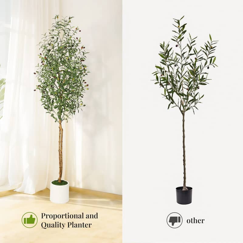 Eastvita 5FT/6FT/7FT Fake Olive Tree w/ Realistic Faux Silk Leaves, White Planter Pot, Natural Wood Trunk, & Green Moss - Great for Home, Office, Garden, & Living Room Decor, Indoor/Outdoor
