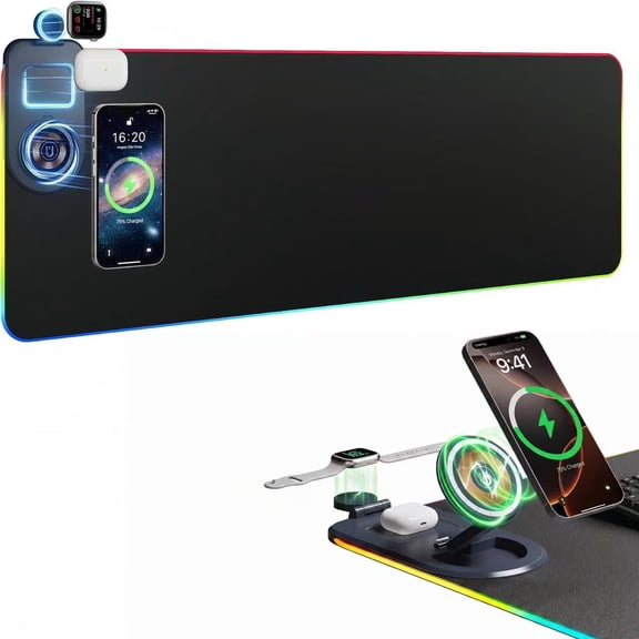 3-in-1 Wireless Charging Mouse Pad with 15W Fast Charging, 31.5 x 11.8 in RGB Gaming Desk Mat, Black