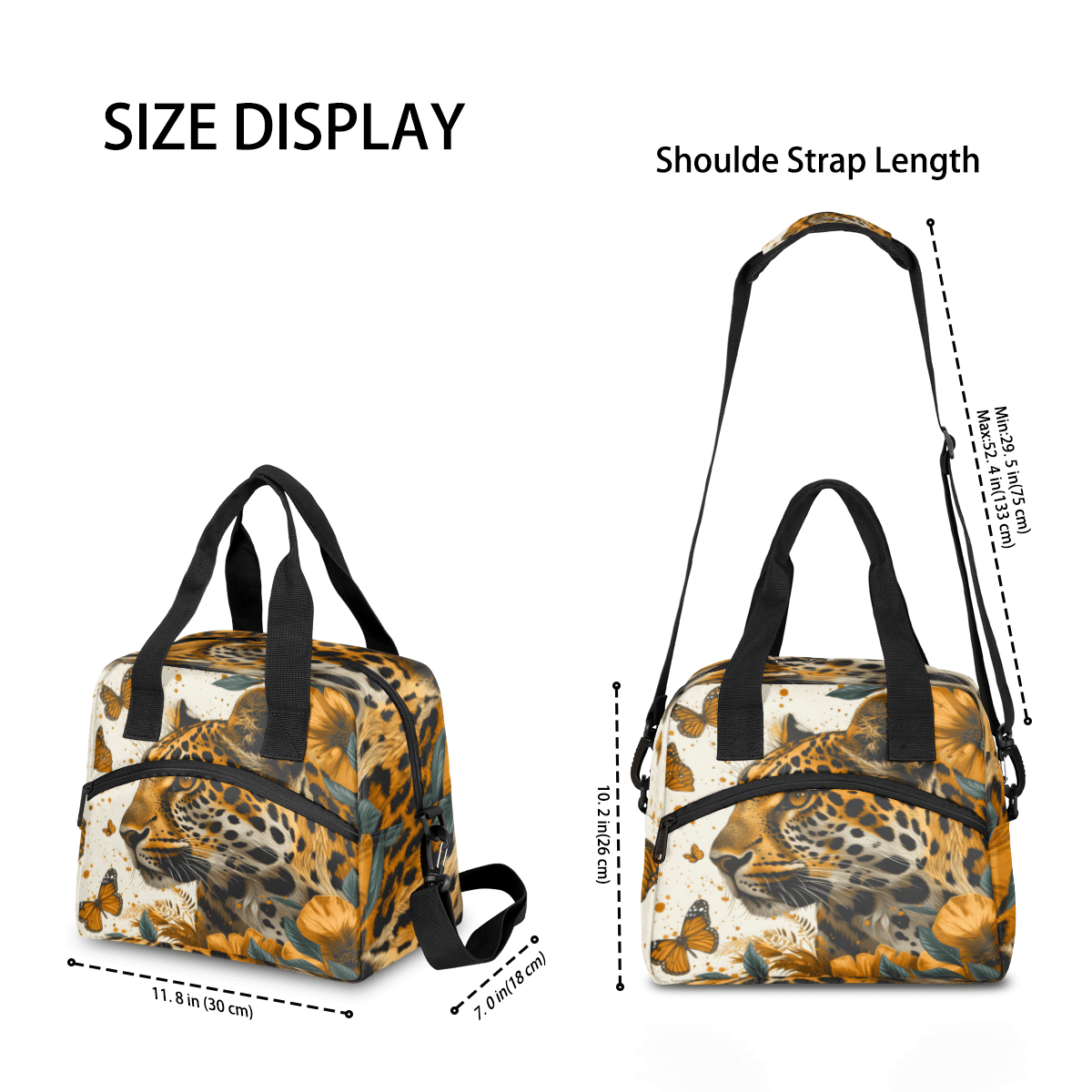 Herdesigns Leopard Insulated Lunch Bag for Women Men Adults Large Reusable Lunch Box Butterfly Leopard Print Leakproof Cooler Tote Bags with Adjustable Shoulder Strap