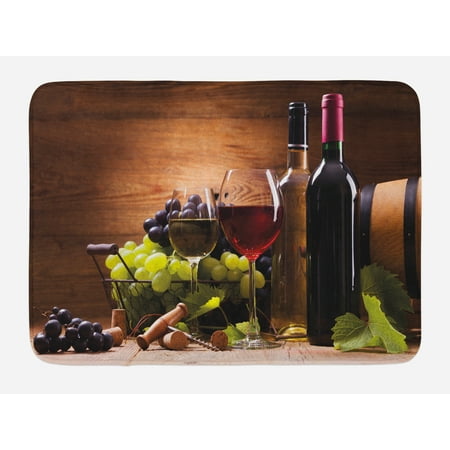 Grape Decor - Wine Bath Mat, Glasses of Red and White Wine Served with Grapes French Gourmet Tasting, Non-Slip Plush Mat Bathroom Kitchen Laundry Room Decor, 29.5 X 17.5 Inches, Brown Ruby Pale Green, Ambesonne