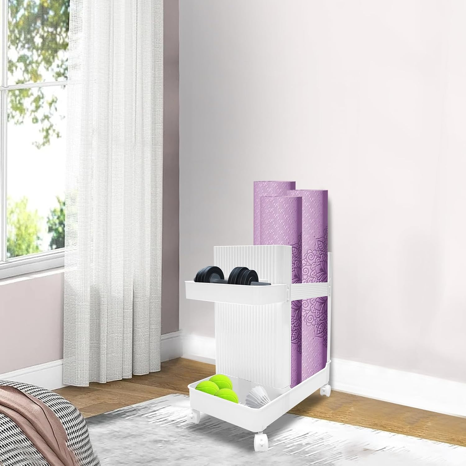 Home Gym Storage,2 Tiers Workout Equipment Organizer with Wheels Workout Equipment Storage Organizer Yoga Mat Storage Racks Home Gym Storage Rack for Yoga Mats, Foam Roller, Dumbbells