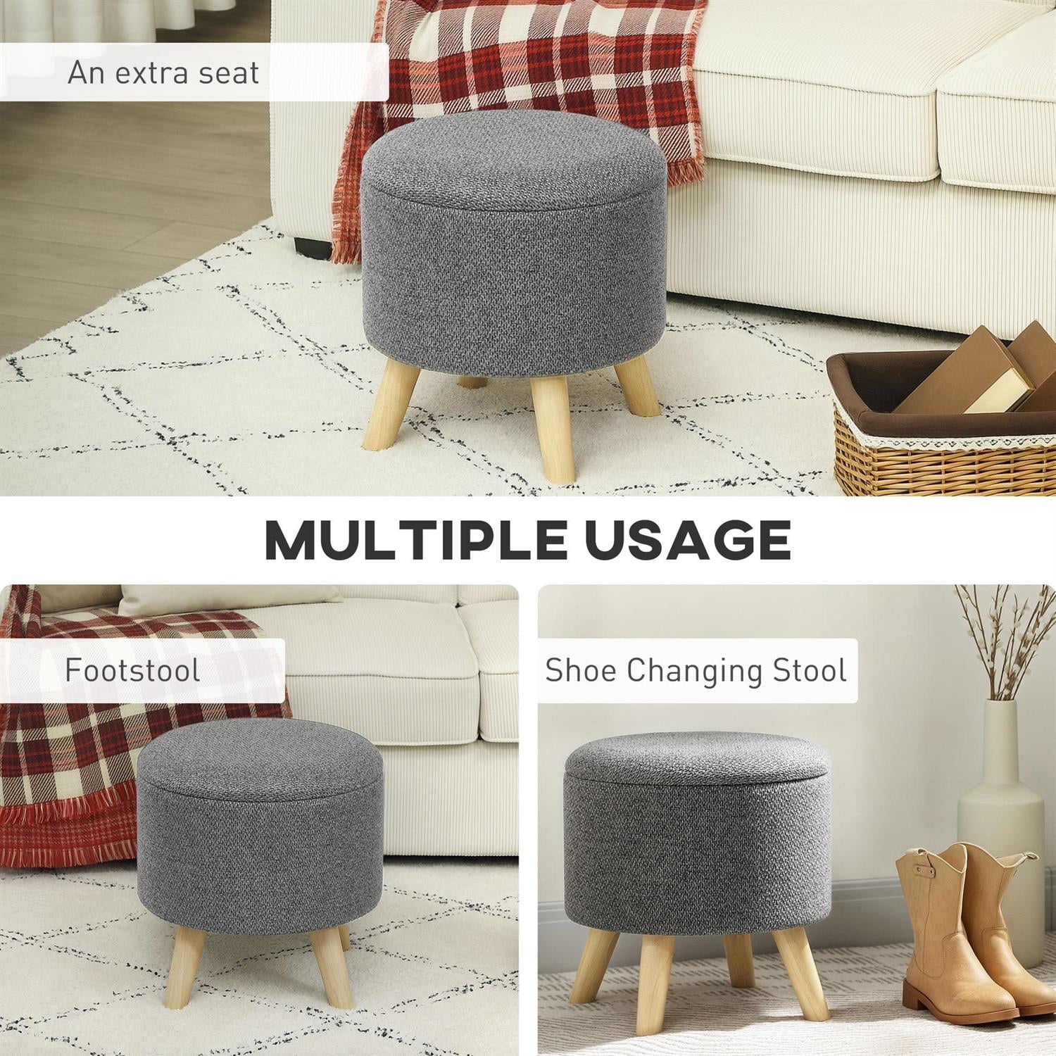 Demi Bonn 15" Round Ottoman Stool with Storage, Linen Upholstered Foot Stool with Padded Seat, Hidden Space and Wood Legs for Living Room, Bedroom, Gray