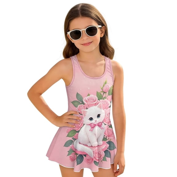 Uourmeti Cat Rose Flower Pattern Girls One Piece Swimsuit Quick Dry Summer Beach Swimsuits with Skirts Cute Kitten Blossom Bathing Suit Pool Party Swimwear Fashion Trendy Outfits 2026 Pink