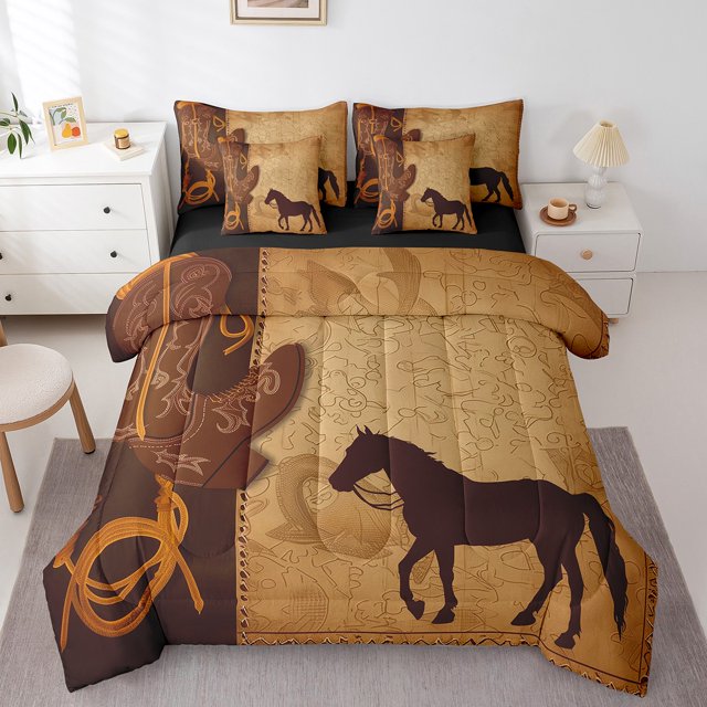 YST Horse Queen Comforter Set - 7-Piece Cowboy Boots Bedding Set, Queen
