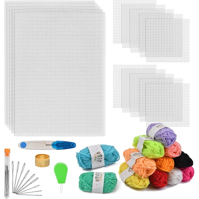 PinesC 39Pcs Mesh Plastic Canvas Sheets Kit Including 15 Pieces Clear Plastic Canvas, 12 Color Acrylic Yarn and Embroidery Tools for Embroidery Plastic Canvas Craft Multicolor