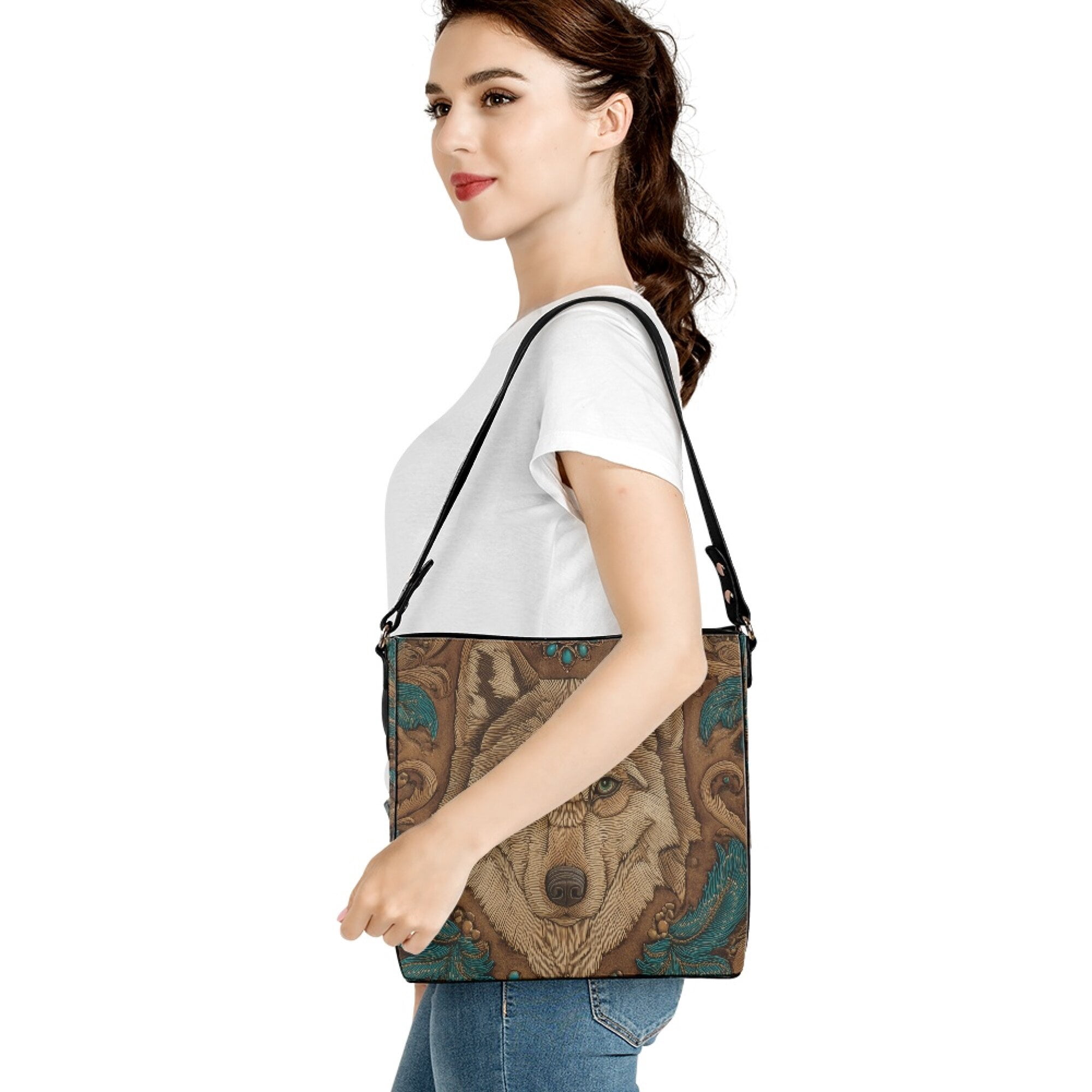 Kuiaobaty Wolf Print Bucket Crossbody Bag for Women Lady, Waterproof Vegan Leather Bucket Tote Bag Handbag Crossbody, Lightweight Shoulder Purse with Adjustable Strap for Travel, Brown