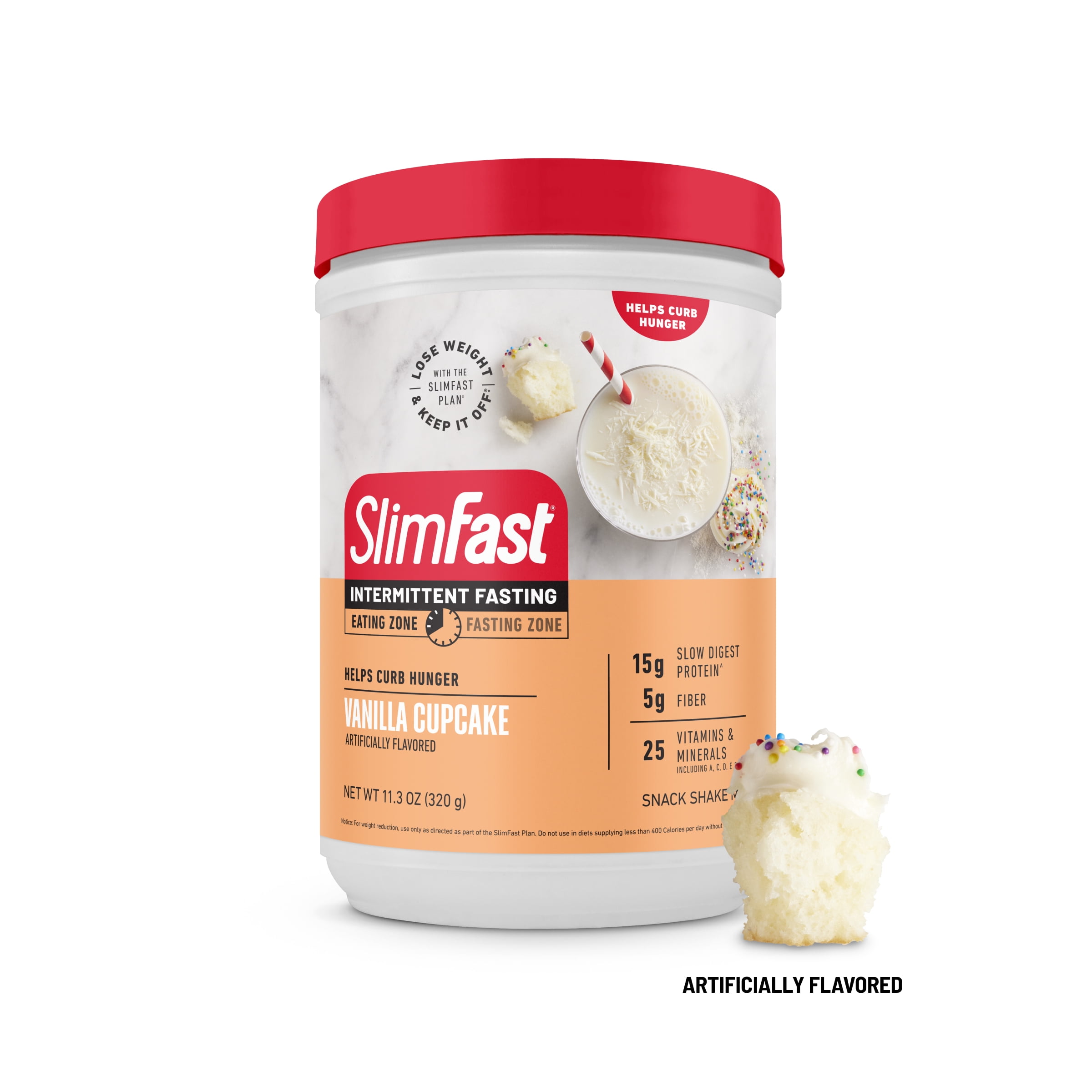 SlimFast Intermittent Fasting, Vanilla Cupcake, Snack Shake Mix, Casein Protein Powder, 10 Servings