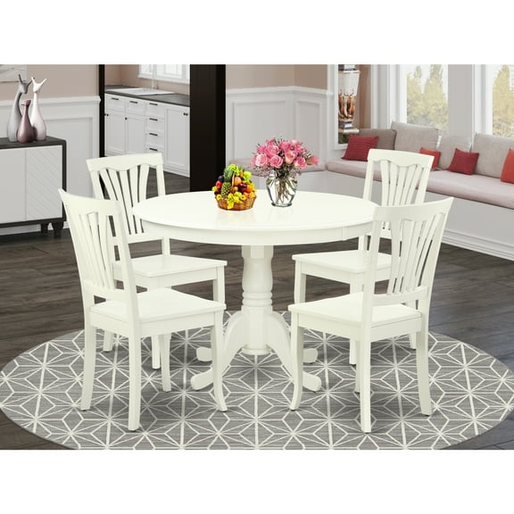 Round Dining Set - 5 Piece Kitchen Table with 4 Chairs - Linen White Finish