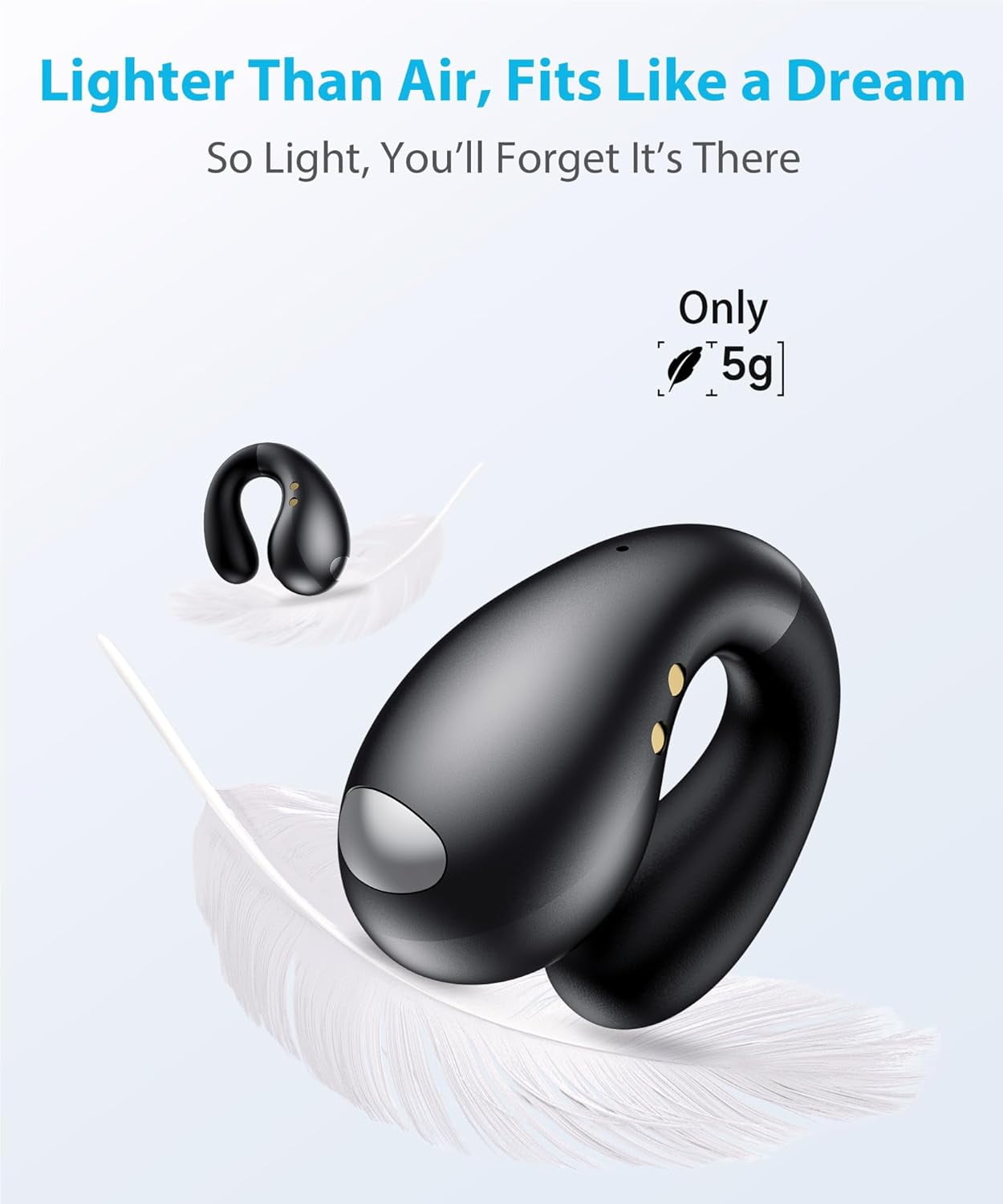 Ultra Open-Ear-Earbuds Wireless Bluetooth - Ergonomic Clip-On Earbuds, Bone Conduction Over-The-Ear Headphones with Waterproof Design and Secure Fit for Small Ears, Classic Black