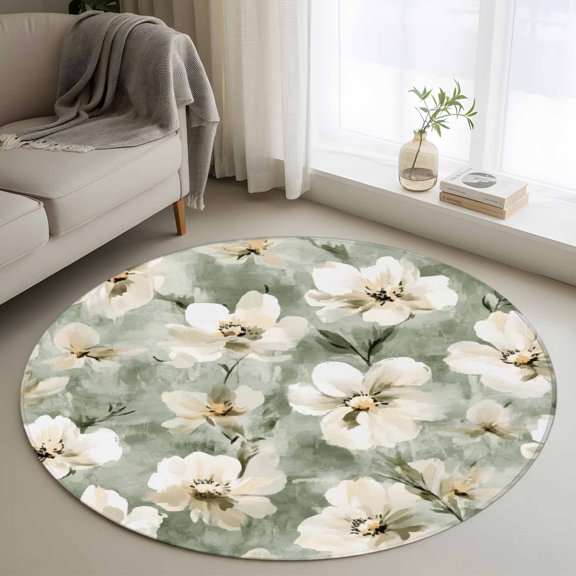 Sage Green Spring Floral Round Area Rug 4 FT, Non Slip Indoor Outdoor Rug, Summer Botanical Flowers Washable Soft Circular Carpet Non-Shedding Floor Mat for Coffee Table Nursery Foyer Balcony