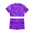 thumbnail image 4 of renvena Kids Girls Short Sleeves Sparkly Crop Top and Shiny Metallic Short for Cheerleading Performance Purple 14, 4 of 7