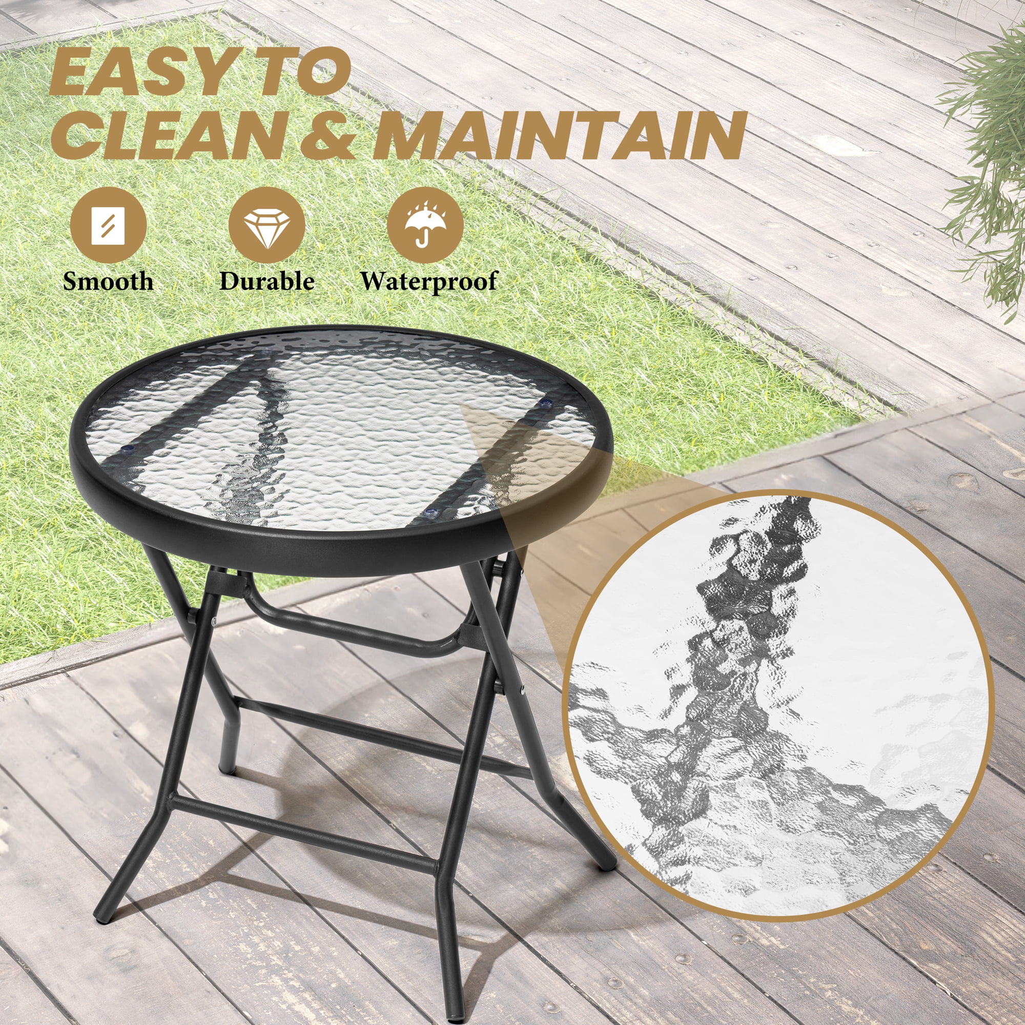 Pellebant Foldable Patio Side Table with Tempered Glass Top 18" Small Glass Patio End Tables for Porch Yard Balcony Deck Lawn Dining Garden (Black)