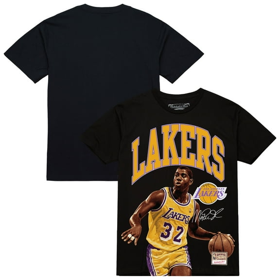 Men's Mitchell & Ness Magic Johnson Black Los Angeles Lakers Hardwood Classics Player Arch T-Shirt