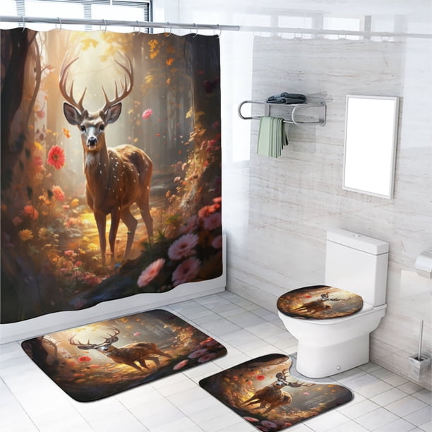Juego de cortina de ducha con diseño de ciervo y alfombras, diseño de animales salvajes, bosque y naturaleza, alce, marrón, decoración de baño, cortina de baño con alfombras, tapa de inodoro,