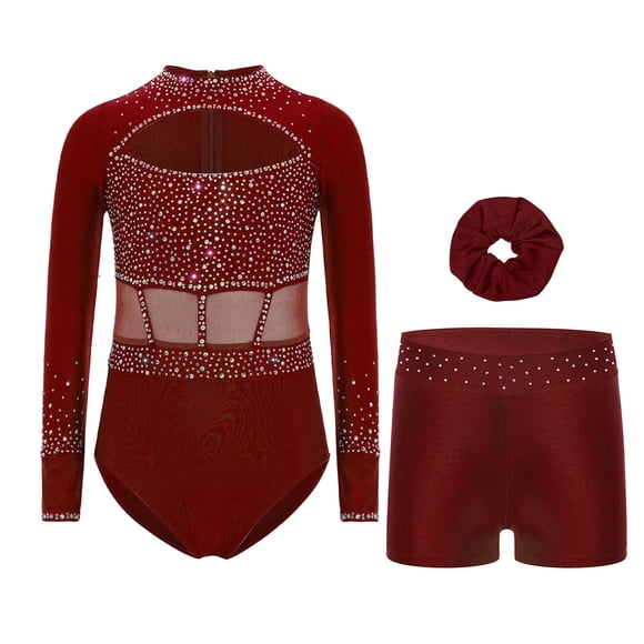 Runhomal Kids Girls Shiny Rhinestone Long Sleeve Gymnastic Leotard Ballet Tumbling Dance Unitard with Shorts Set Burgundy 8