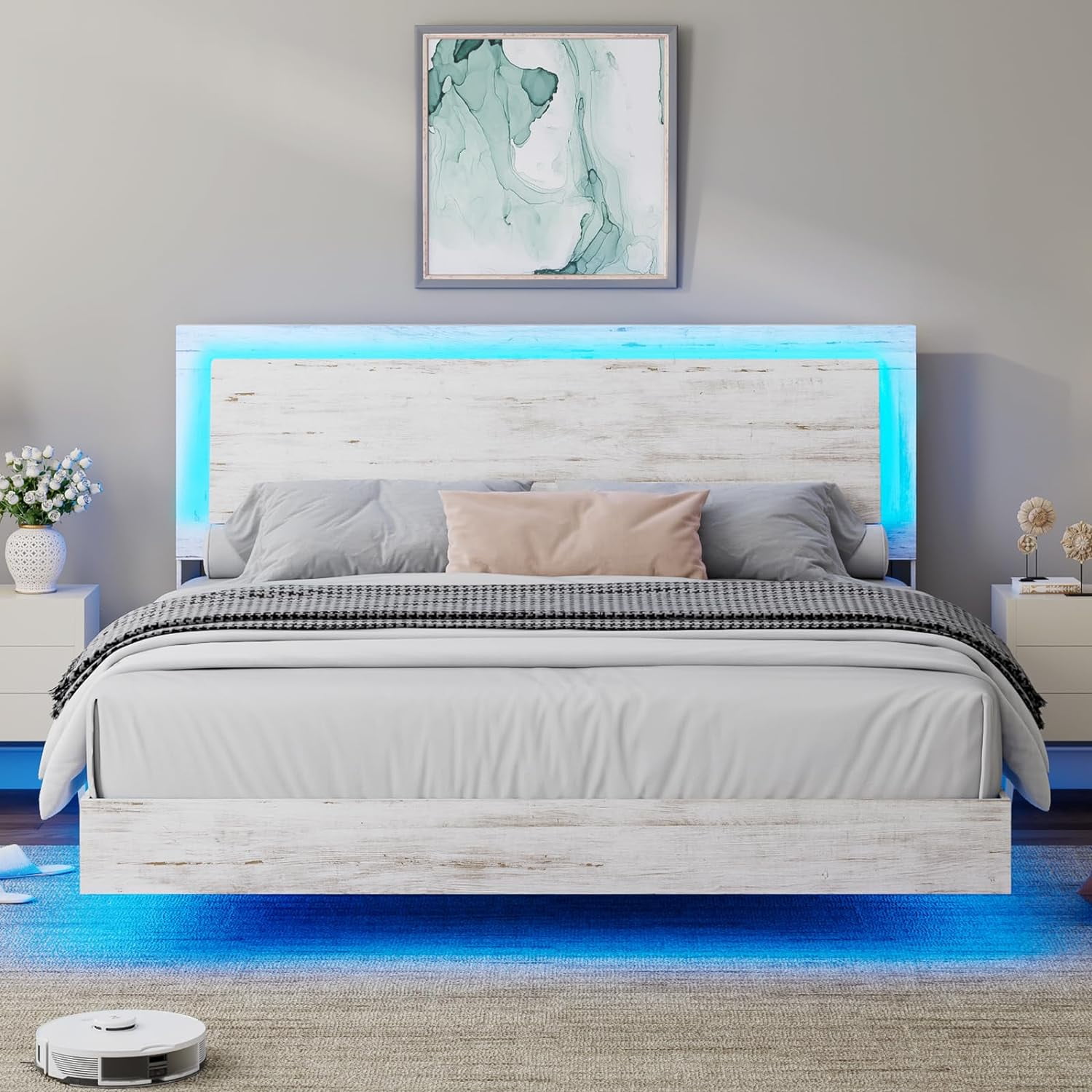 VanAcc Full Size Wood Floating Bed Frame with Headboard & LED Light, Wooden Platform Bed Frame with Slats Support, Easy Assembly, White Birch
