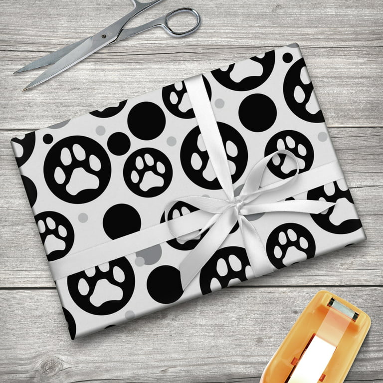 Paw Print Dog Cat White on Black Premium Gift Wrap Wrapping Paper Roll 