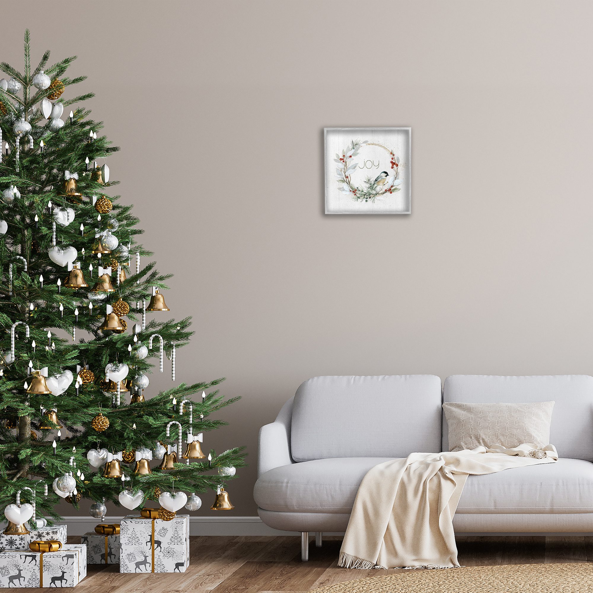 Stupell Industries Simple Joy Winter Wreath Holiday Painting Gray Framed Art Prints Wall Art, 17 x 17