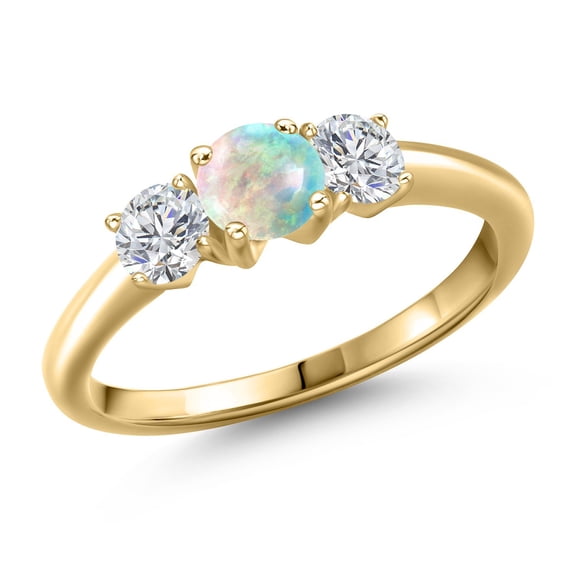 Gem Stone King 10K Yellow Gold Simulated White Opal and Lab Grown Diamond Engagement Ring for Women | 1.04 Cttw | Round Cabochon 5MM | Gemstone October Birthstone | Size 8