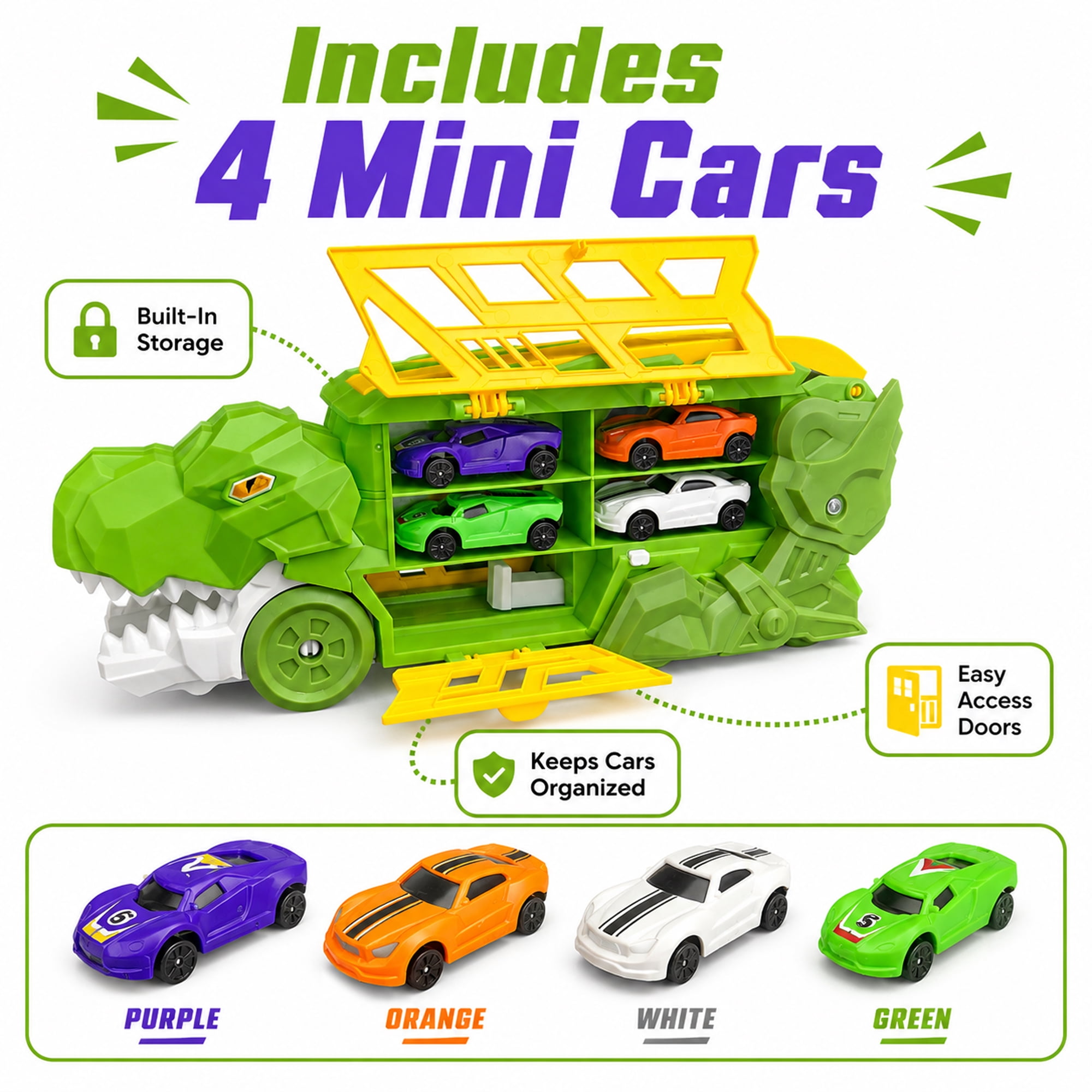 Dinosaur Truck Toy Car Carrier Race Track Playset with 4 Mini Cars, Push and Launch Vehicle Toy for Kids Ages 3+