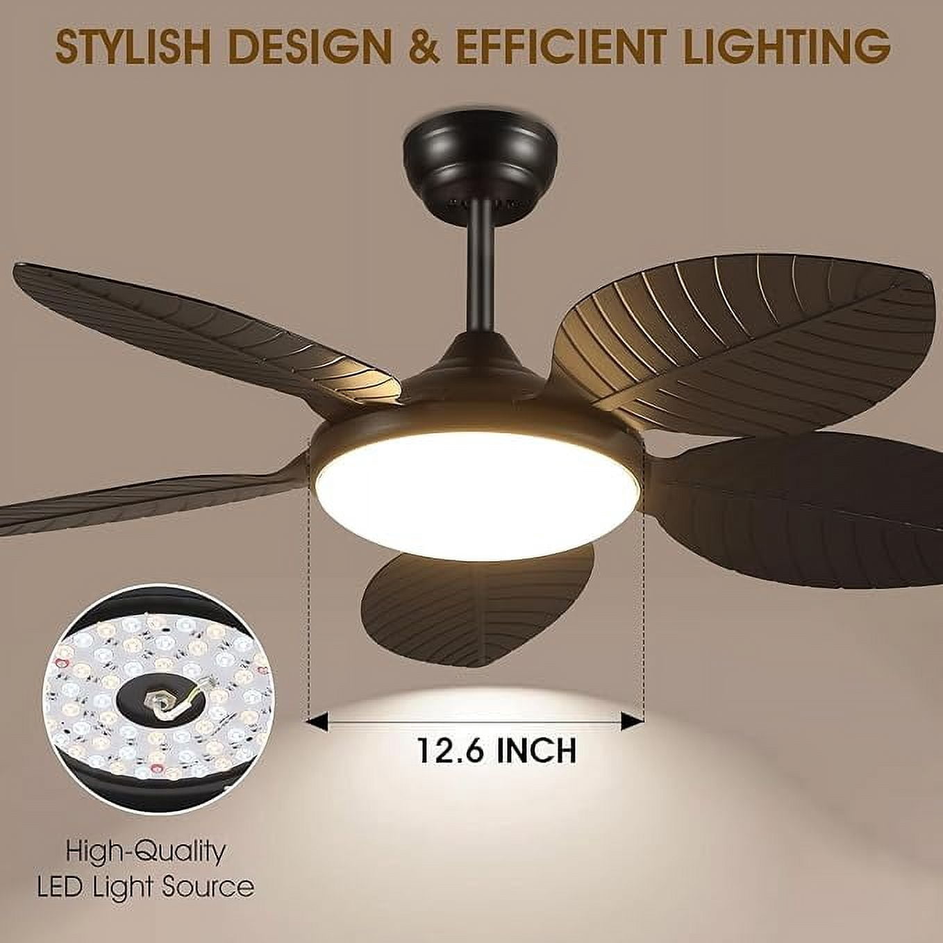 BayDay 48 Inch Tropical Ceiling Fan with Lights & Remote Control, APP Operable, 6 Speeds, Dimmable LED, Reversible Palm Leaf Fan for Bedroom, Living Room, Patio, Porch, Modern Black