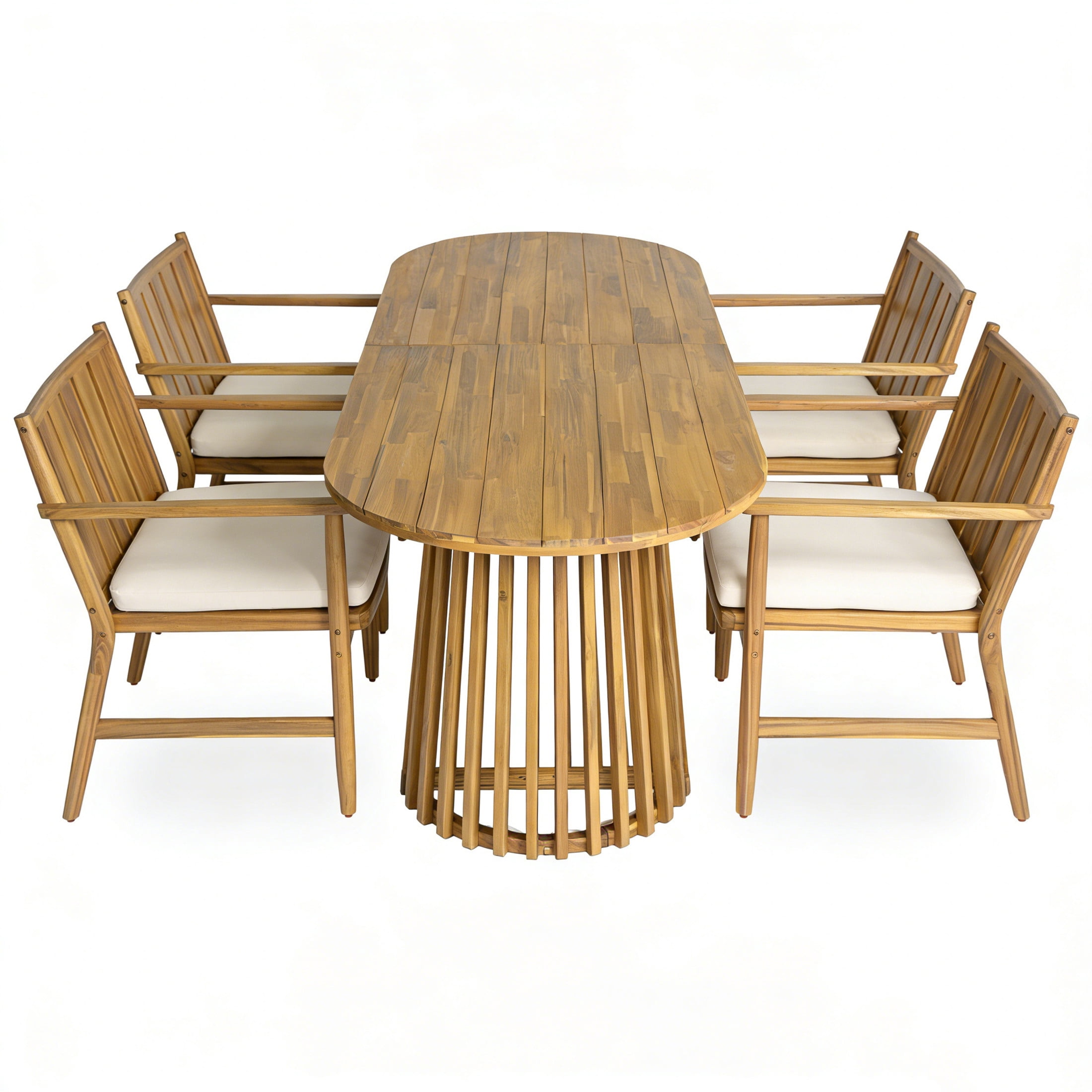 Christopher Knight Home 5-Piece Coastal Outdoor Dining Set with Oval Table and Armchairs, Teak+Beige