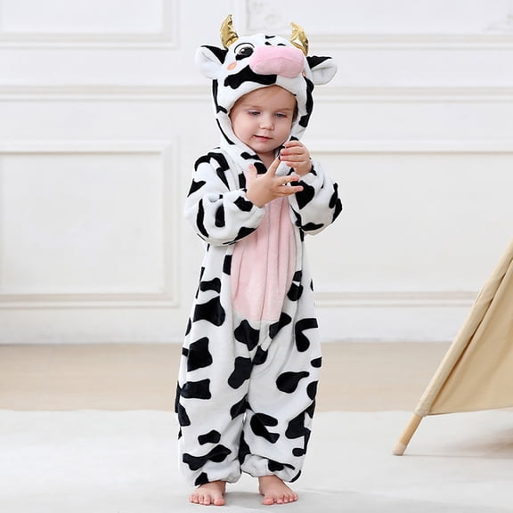 XAOFW Unisex Kids Onesie Pajamas Kids Cozy Full Zip Hooded Halloween Pajamas Jumpsuit Cute Cow Printed Loungewear For Boys Girls 12-24 Months