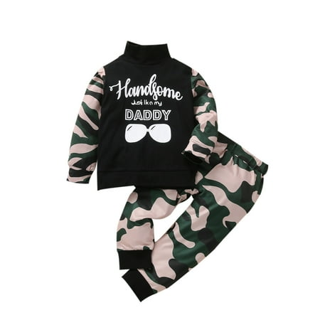 

Toddler Baby Boy Letter Sweatshirt Top+Camouflage Print Pants Outfits Set