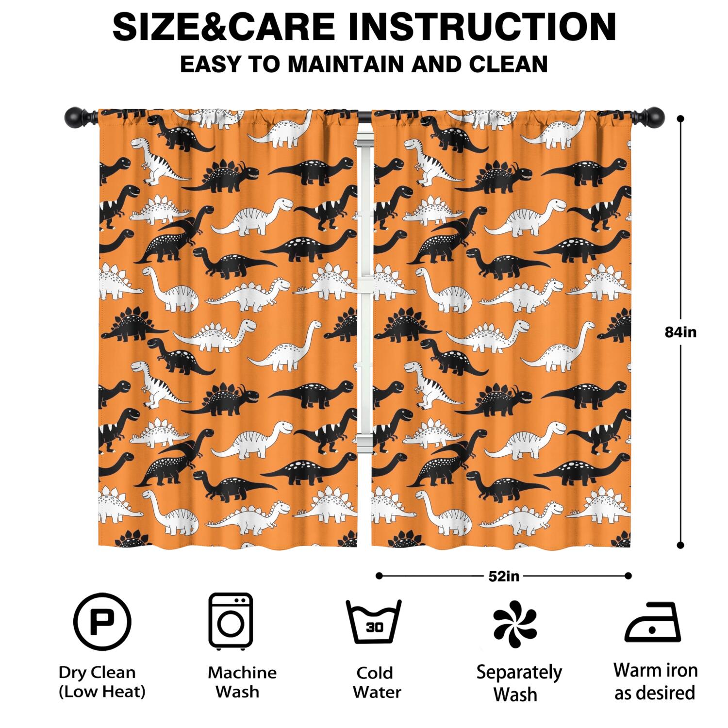 Blackout Kids Curtains,Orange Cartoon Black White Dinosaurs Pattern Childrens Insulated Curtains Set Of 2,Bedroom Essentials,Toddler Room Decor 52"x84"