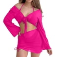 thumbnail image 2 of Womens 3 Piece Sheer Mesh Swimsuits Cover Up Long Sleeve Wrap Tie Crop Tops Mini Skirt Beach Set, 2 of 6