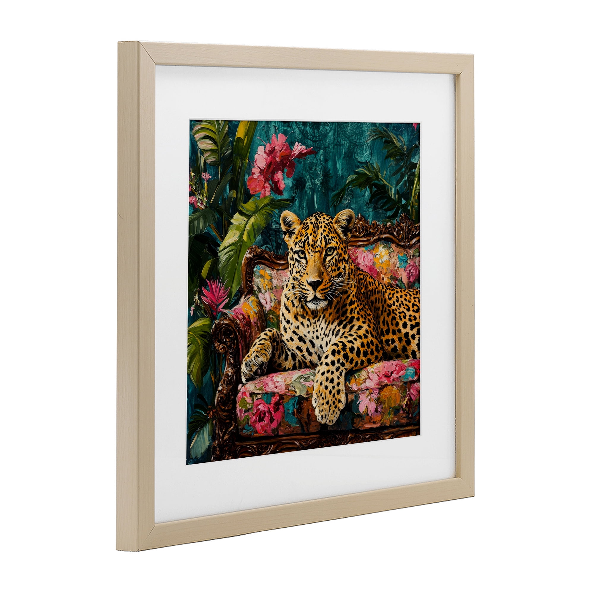 Stupell Industries Fashionable Leopard on Floral Sofa Birch Framed Print Under Glass, design by Petal Prints Design