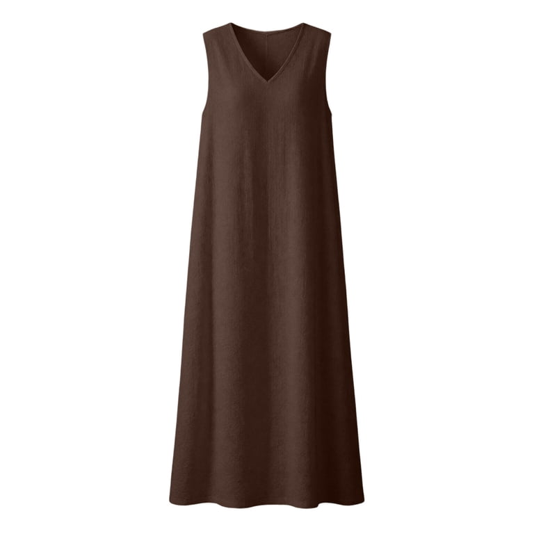 Brown Sleeveless for Ladies Summer Fall Vneck Faux Linen Mini Petite Long Lounge Plain Dress Juniors 2026 Clothes Trendy Country Concert L