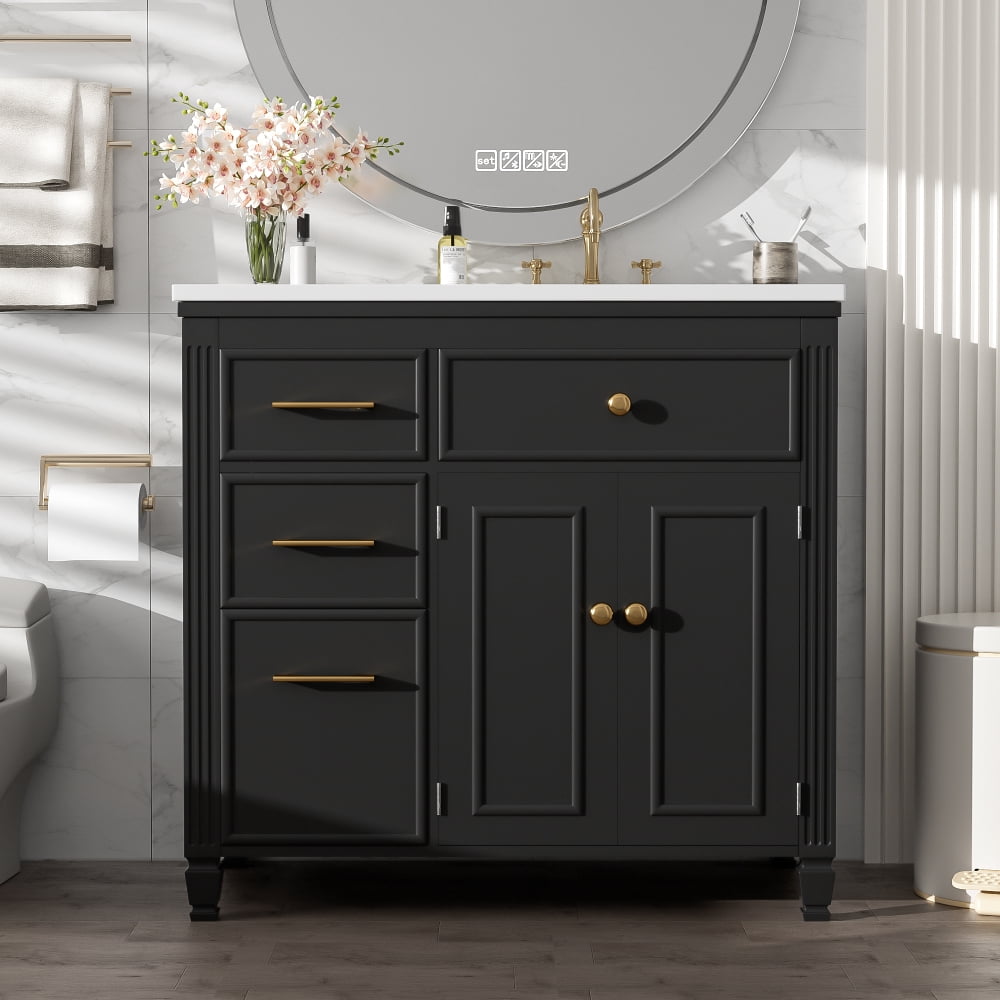 [Video] 36" Bathroom Vanity with Sink, Ceramic Sink, One Tip-out Drawer, 3 Side Drawers, Adjustable Shelf, Gray Black